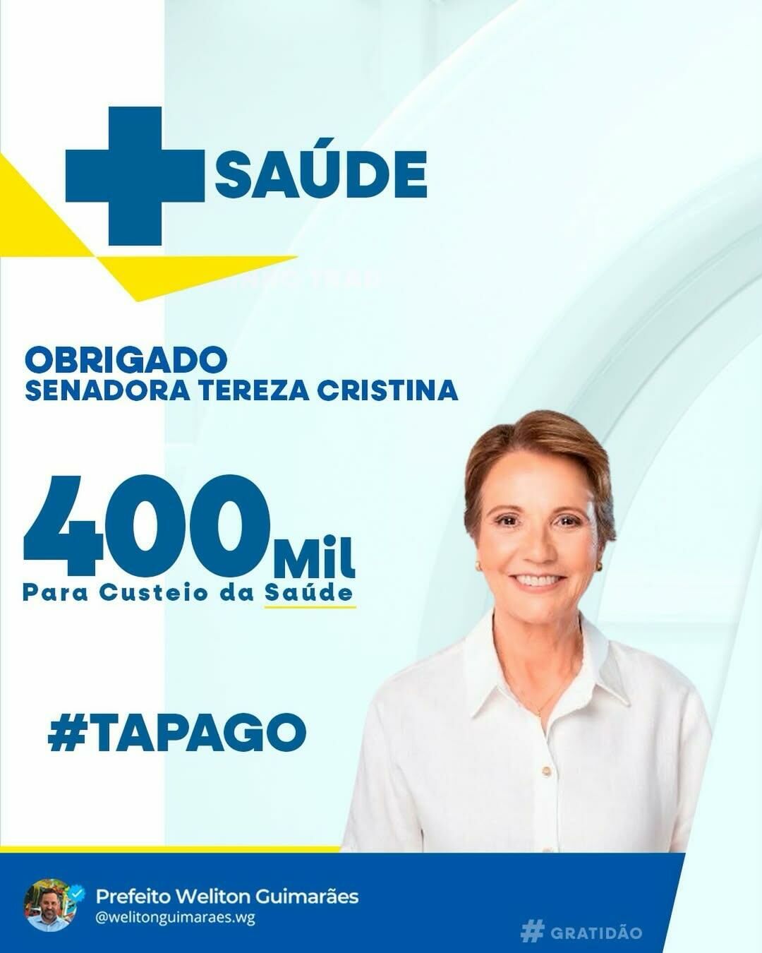 Imagem de compartilhamento para o artigo Saúde de Alcinópolis recebe R$ 400 mil de Tereza Cristina e prefeito Weliton Guimarães agradece apoio da MS Todo dia